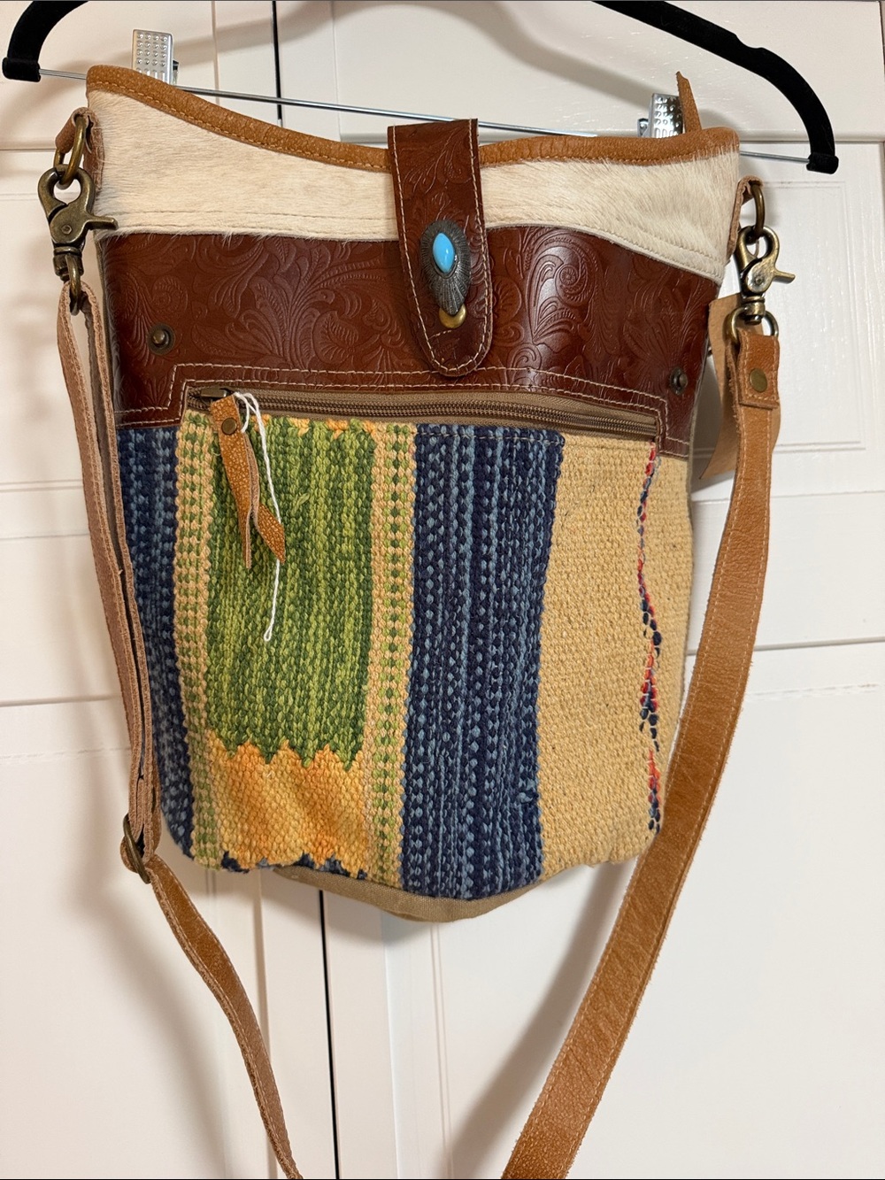 Handcrafted Boho Crossbody Bag with Brown Leather & Multicolor Front